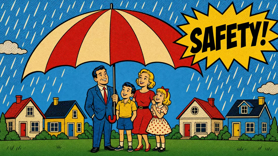 Pop-Art-Illustration: Großer blauer Regenschirm schützt Häuser und Familien, Aufschrift SAFETY