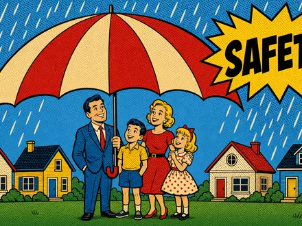 Retro-Pop-Art-Illustration der 1960er: Ein riesiger blauer Regenschirm überspannt bunte Häuser und Familien. Schwarze Konturen, flache Primärfarben, Ben-Day-Raster. Titel „SAFETY”. Allianz SE (DE0008404005) - Foto: THN