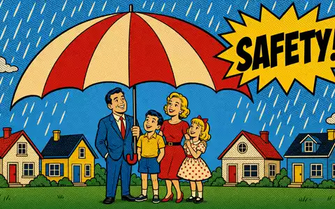 Retro-Pop-Art-Illustration der 1960er: Ein riesiger blauer Regenschirm überspannt bunte Häuser und Familien. Schwarze Konturen, flache Primärfarben, Ben-Day-Raster. Titel „SAFETY”. Allianz SE (DE0008404005) - Foto: THN