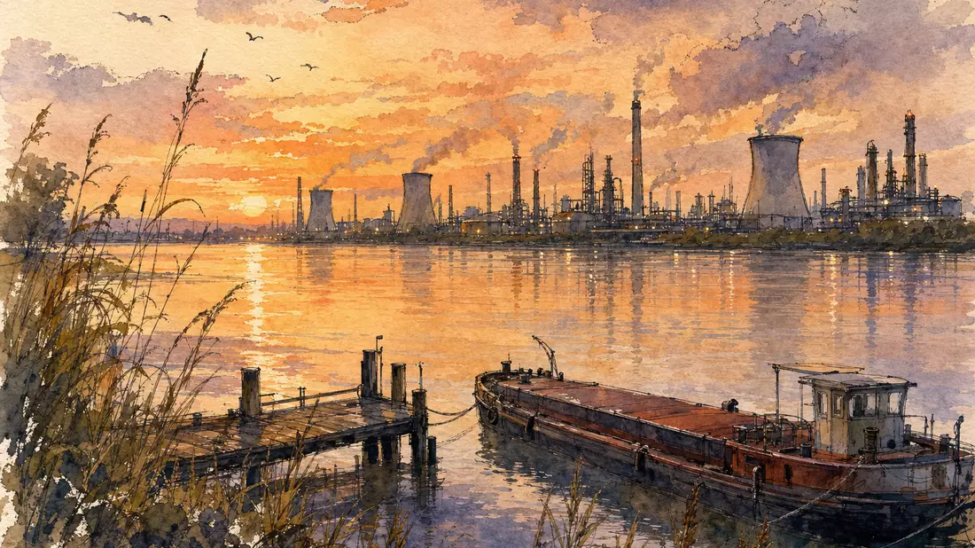 Aquarell des Rheinufers bei Sonnenuntergang mit Industriesilhouette und Lastschiff im Vordergrund