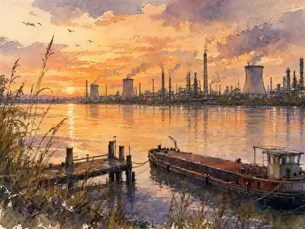 Lockeres Aquarell auf Strukturpapier: Rheinufer in der Abenddämmerung mit ruhigem Wasser, das einen pfirsich-orangen und lavendelfarbenen Himmel spiegelt. Auf dem gegenüberliegenden Ufer eine Industriesilhouette aus Schornsteinen, Kühltürmen und Destillationskolonnen. Im Vordergrund ein Holzsteg, Schilfgras und ein vertäutes Lastschiff. Nasse Pinselwäsche, sichtbare Pinselstriche, Tuscheumrisse - Foto: THN