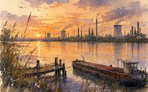 Lockeres Aquarell auf Strukturpapier: Rheinufer in der Abenddämmerung mit ruhigem Wasser, das einen pfirsich-orangen und lavendelfarbenen Himmel spiegelt. Auf dem gegenüberliegenden Ufer eine Industriesilhouette aus Schornsteinen, Kühltürmen und Destillationskolonnen. Im Vordergrund ein Holzsteg, Schilfgras und ein vertäutes Lastschiff. Nasse Pinselwäsche, sichtbare Pinselstriche, Tuscheumrisse - Foto: THN