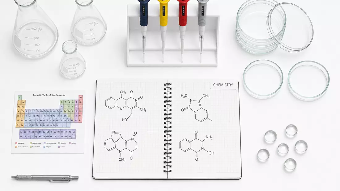 Vogelperspektive auf Laborgeräte, Notizbuch mit Molekülskizzen, Pipetten und Periodensystem auf weißem Untergrund