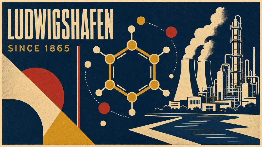 Bauhaus-Retro-Poster mit geometrischem Molekülmotiv, Fabriksilhouette und Schriftzug LUDWIGSHAFEN SI
