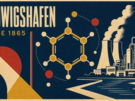 Bauhaus-Industrie-Plakat im Stil der 1920er-Jahre: Geometrische Flachfarben-Komposition in Kobaltblau, Zinnoberrot, Schwarz und Creme. Zentrales Grafik-Element: stilisierter Benzolring als dicke Kreise mit Verbindungsbalken, überlagert auf Fabriksilhouetten. Bauhaus-Groteskschrift: Headline LUDWIGSHAFEN, Untertitel SINCE 1865. Siebdruck-Textur, Papiermaserung - Foto: THN