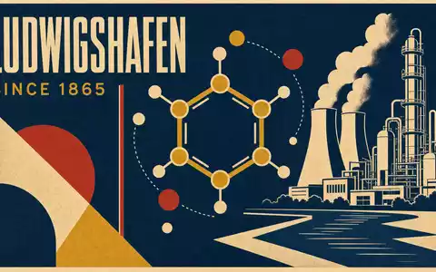 Bauhaus-Industrie-Plakat im Stil der 1920er-Jahre: Geometrische Flachfarben-Komposition in Kobaltblau, Zinnoberrot, Schwarz und Creme. Zentrales Grafik-Element: stilisierter Benzolring als dicke Kreise mit Verbindungsbalken, überlagert auf Fabriksilhouetten. Bauhaus-Groteskschrift: Headline LUDWIGSHAFEN, Untertitel SINCE 1865. Siebdruck-Textur, Papiermaserung - Foto: THN