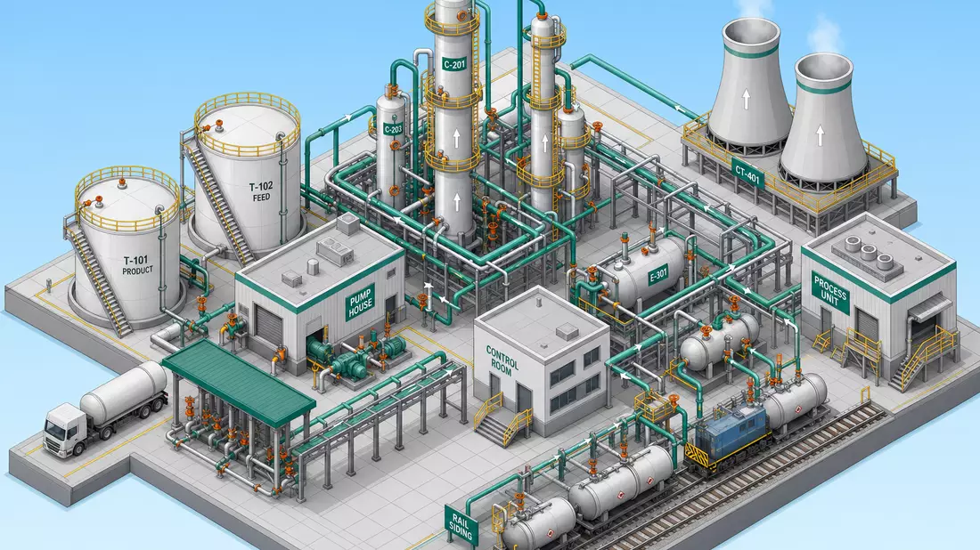 Isometrische 3D-Illustration einer vollständigen Chemieanlage mit Tanks, Kolonnen, Rohrleitungen und Kühltürmen