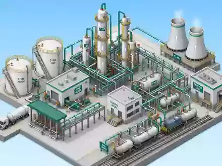 Sauberer isometrischer 3D-Render einer Chemieanlage in strenger 45-Grad-Projektion mit harten Kanten und flacher Beleuchtung. Modulare Gebäude, zylindrische Tanks, Destillationskolonnen, Rohrbrücken, Kühltürme und ein Bahnanschluss auf einem Raster-Grundplatte. Farbpalette: Weiß-Grau-Strukturen, Türkis-Rohrleitungen, Gelb-Sicherheitsgeländer, Orange-Ventile. Softwaregerender-Qualität - Foto: THN