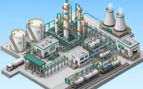 Sauberer isometrischer 3D-Render einer Chemieanlage in strenger 45-Grad-Projektion mit harten Kanten und flacher Beleuchtung. Modulare Gebäude, zylindrische Tanks, Destillationskolonnen, Rohrbrücken, Kühltürme und ein Bahnanschluss auf einem Raster-Grundplatte. Farbpalette: Weiß-Grau-Strukturen, Türkis-Rohrleitungen, Gelb-Sicherheitsgeländer, Orange-Ventile. Softwaregerender-Qualität - Foto: THN