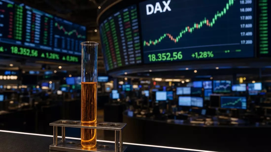 Reagenzglas auf Börsenpult vor Handelsraum-Monitoren mit DAX-Chart und grünen Kursanzeigen
