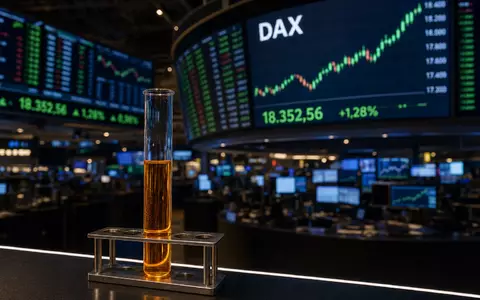 Redaktionelles Finanzfoto: Im Hintergrund ein lebhafter Handelsraum mit gewölbten Monitorwänden, DAX-Beschriftung und grünen Candlestick-Charts. Im Vordergrund scharf fokussiert auf einem dunklen Hochglanzpult ein einzelnes klares Glasreagenzglas mit bernsteinfarbener Flüssigkeit in einem Metallständer. Geringe Schärfentiefe lässt die Bildschirme zu farbigem Bokeh verschwimmen - Foto: THN
