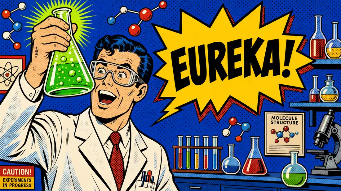 Pop-Art-Comic-Illustration eines jubelnden Wissenschaftlers mit Reagenzkolben und EUREKA-Sprechblase im Lichtenstein-Stil
