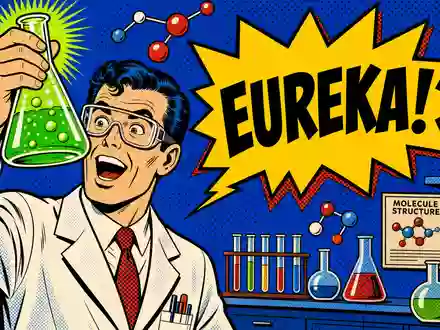 Fettgedrucktes Pop-Art-Comic im Stil der 1960er-Jahre (Roy Lichtenstein): Halbkörperporträt eines Wissenschaftlers im weißen Laborkittel mit hochgeschobener Schutzbrille, der einen blubbernden Rundkolben mit Funken in der Hand hält. Ben-Day-Rasterpunkt-Schattierungen in Primärfarben, schwarze Konturlinien, große weiße Sprechblase mit fettem Comic-Schriftzug EUREKA! Diagonale Farbstreifen im Hintergrund - Foto: THN