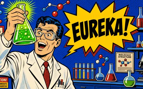 Fettgedrucktes Pop-Art-Comic im Stil der 1960er-Jahre (Roy Lichtenstein): Halbkörperporträt eines Wissenschaftlers im weißen Laborkittel mit hochgeschobener Schutzbrille, der einen blubbernden Rundkolben mit Funken in der Hand hält. Ben-Day-Rasterpunkt-Schattierungen in Primärfarben, schwarze Konturlinien, große weiße Sprechblase mit fettem Comic-Schriftzug EUREKA! Diagonale Farbstreifen im Hintergrund - Foto: THN