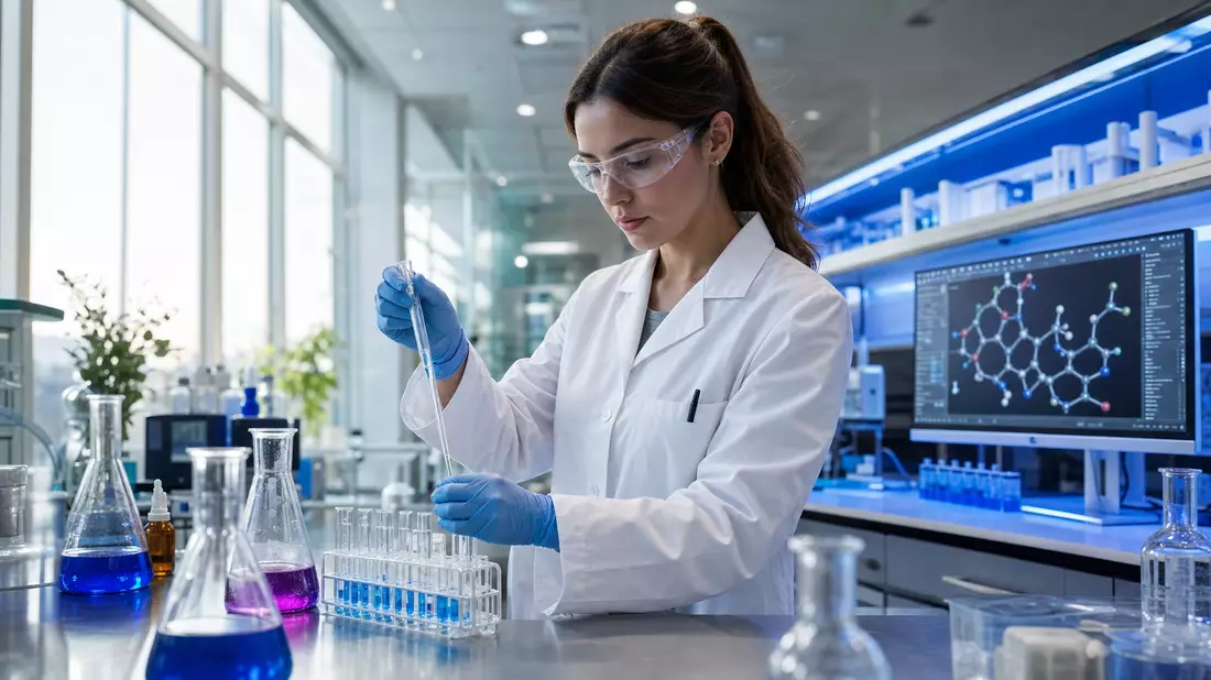 Forscherin im weißen Kittel pipettiert an einem beleuchteten Laborarbeitsplatz vor einem Bildschirm mit 3D-Molekülstruktur