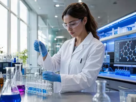 Pharmazeutisches Forschungslabor – Wissenschaftlerin mit Pipette, Molekülstruktur-Monitor, blaue LED-Beleuchtung - Foto: THN