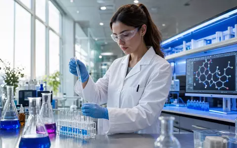 Pharmazeutisches Forschungslabor – Wissenschaftlerin mit Pipette, Molekülstruktur-Monitor, blaue LED-Beleuchtung - Foto: THN