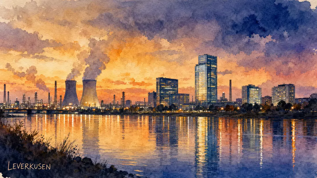 Aquarellillustration der Skyline von Leverkusen mit Kühltürmen, Industrieschornsteinen und Hochhäusern am Rhein bei orangenem Abendhimmel, Beschriftung LEVERKUSEN
