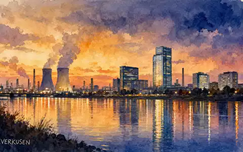 Aquarell-Panorama der Leverkusener Industrieskyline am Rhein bei Abendrot - Foto: THN