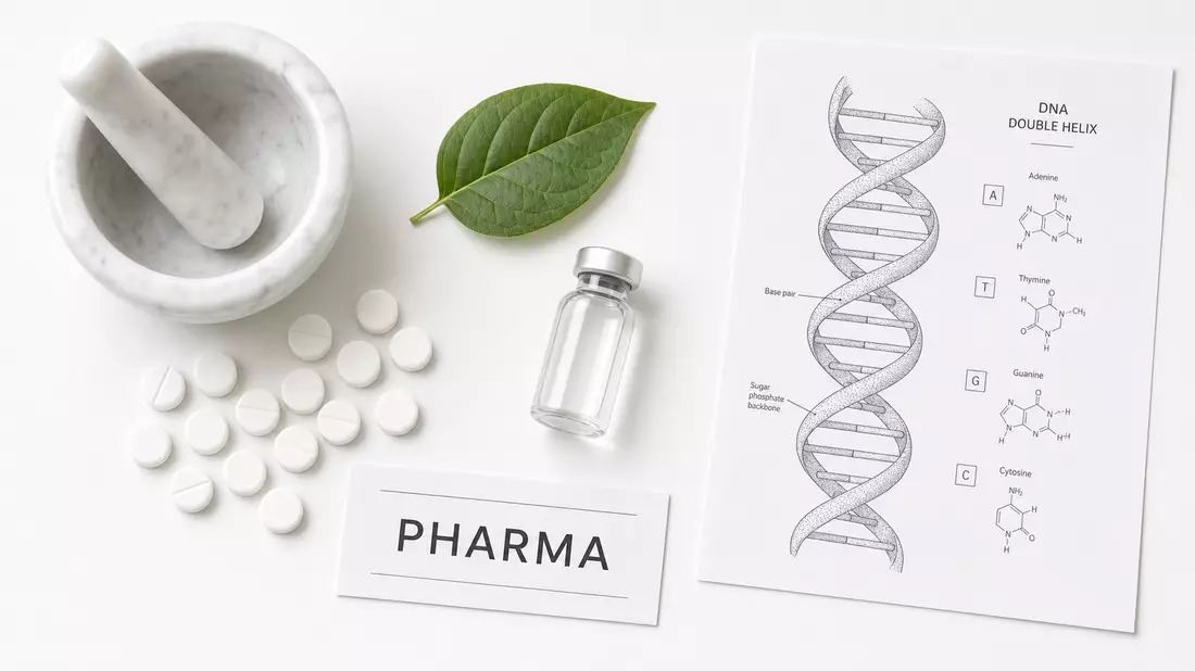 Flatlay auf weißem Untergrund: weiße runde Tabletten, Marmorstößel, grünes Pflanzenblatt, Glasflakon und gedrucktes DNA-Doppelhelix-Diagramm; Beschriftungskarte mit Text PHARMA