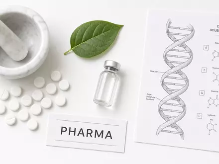 Top-down-Arrangement: weiße Tabletten, Mörser, grünes Blatt, DNA-Diagramm, Beschriftungskarte PHARMA - Foto: THN
