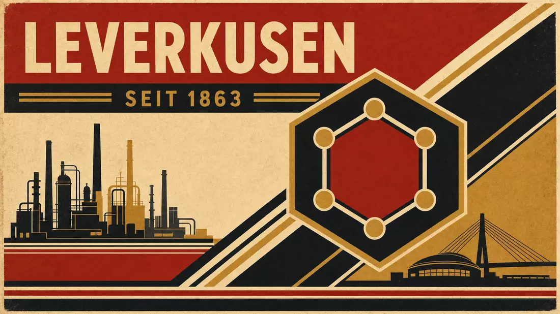 Flaches Vintage-Grafikposter im Bauhaus-Stil: LEVERKUSEN als fette Überschrift, SEIT 1863 als Subline, zentrales hexagonales Molekülmotiv in Rot-Schwarz-Gold, Industrie- und Brückensilhouetten