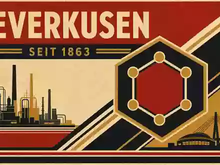 Bauhaus-Retro-Poster mit Text LEVERKUSEN / SEIT 1863, geometrischem Benzolring-Motiv und Industrie-Silhouetten - Foto: THN