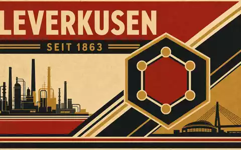 Bauhaus-Retro-Poster mit Text LEVERKUSEN / SEIT 1863, geometrischem Benzolring-Motiv und Industrie-Silhouetten - Foto: THN