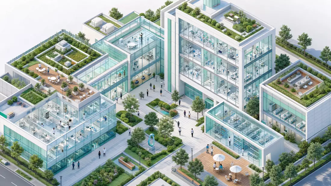 Isometrischer 3D-Render: moderner Pharmaforschungscampus mit transparenten Glasgebäuden auf mehreren Etagen, begrünten Dachterrassen, Fußwegen mit Miniaturpersonen in weißen Kitteln