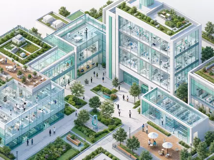 Isometrische 3D-Render-Illustration eines modernen Pharmaforschungscampus mit Glasgebäuden, Grünflächen und Miniaturpersonen - Foto: THN
