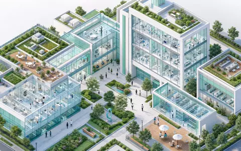 Isometrische 3D-Render-Illustration eines modernen Pharmaforschungscampus mit Glasgebäuden, Grünflächen und Miniaturpersonen - Foto: THN