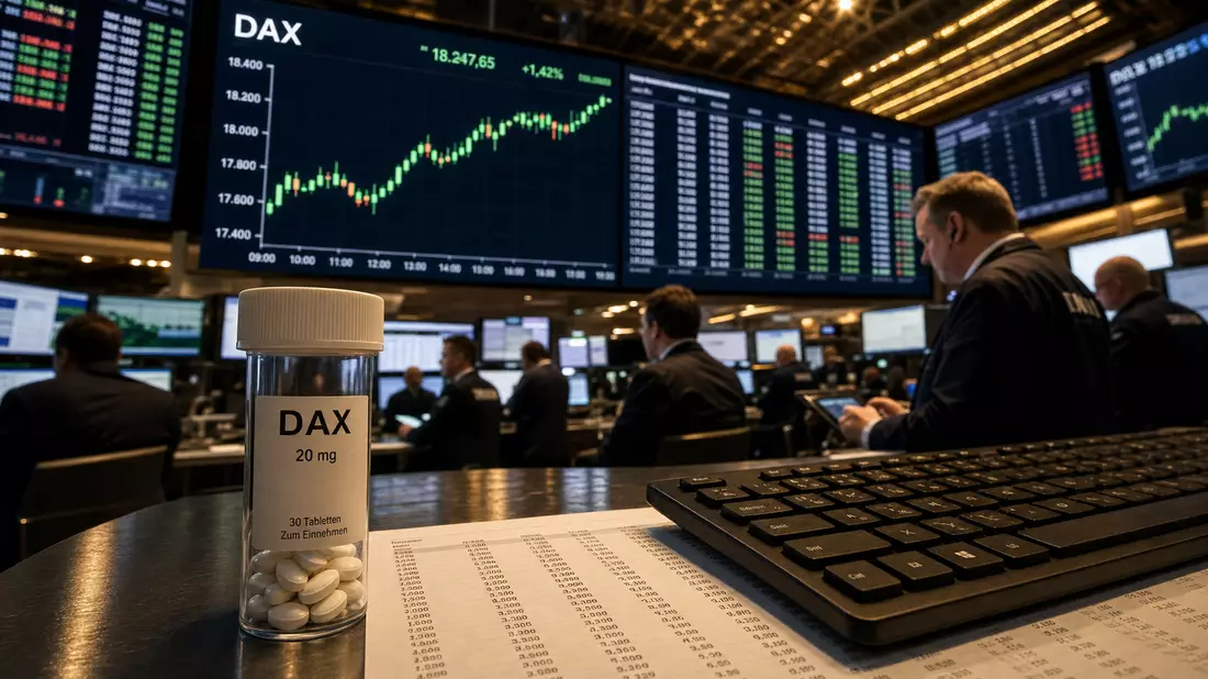 Börsen-Editorial: Handelsraum mit großen LED-Bildschirmen, DAX-Candlestick-Chart in Grün, im Vordergrund ein Pillenflakon mit weißen Tabletten neben einer Tastatur