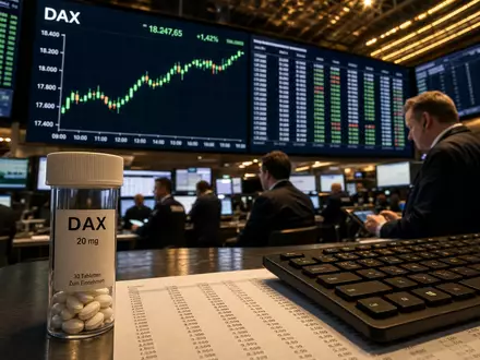 Trading-Floor mit DAX-Kursanzeige auf Großbildschirm, Tablettenflakon im Vordergrund - Foto: THN