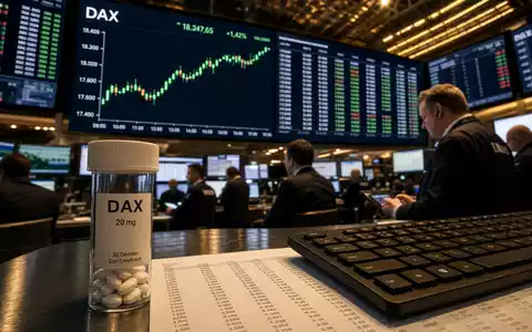 Trading-Floor mit DAX-Kursanzeige auf Großbildschirm, Tablettenflakon im Vordergrund - Foto: THN