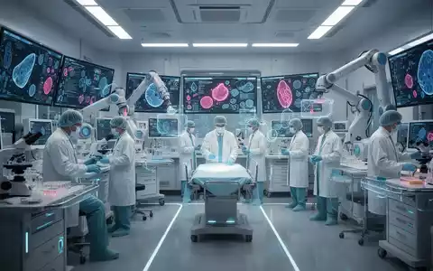 Ein futuristisches medizinisches Labor mit Forschern, die komplexe Daten analysieren, und Robotern, die in der Schmerztherapie assistieren. - Foto: über boerse-global.de