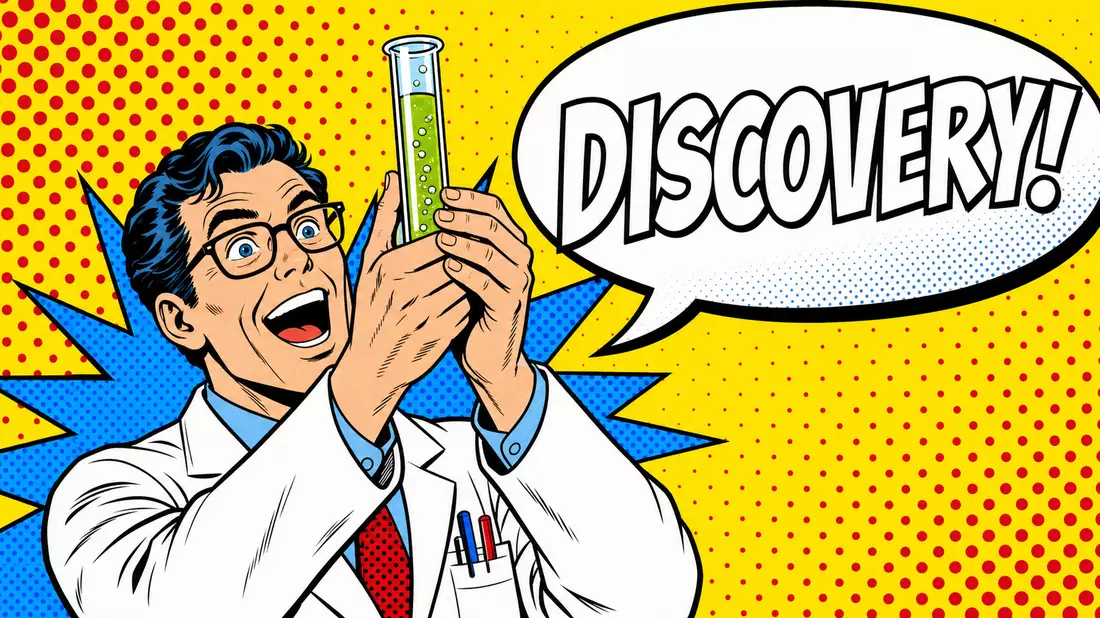 Pop-Art-Comicpanel: begeisterter Forscher im weißen Kittel hält Reagenzglas triumphierend hoch, große Sprechblase mit DISCOVERY!, gelber Hintergrund mit roten Rasterpunkten, blauer Explosionsstern