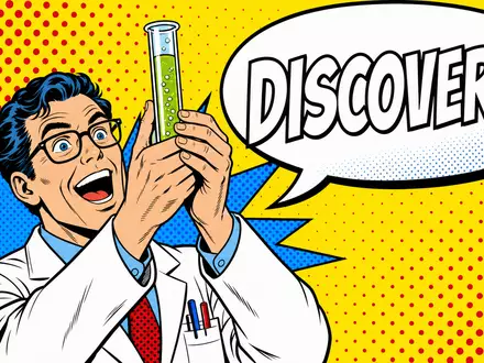 Pop-Art-Comic im Lichtenstein-Stil: Forscher im Kittel hält jubilierend Reagenzglas hoch, Sprechblase DISCOVERY! - Foto: THN