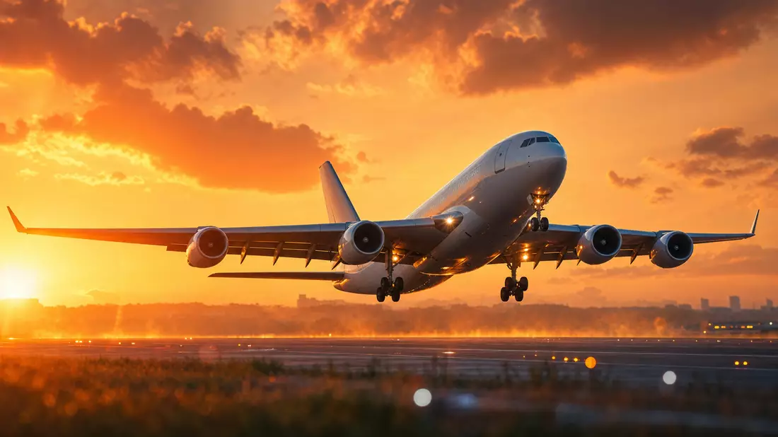 Airbus SE Langstreckenjet startet bei Sonnenuntergang vom Rollfeld