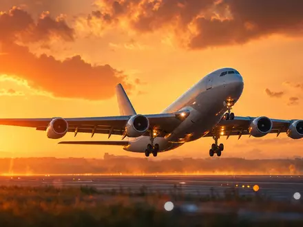 Airbus SE (NL0000235190): Weitkörper-Passagierjet beim Abheben in dramatischem Goldstundenlicht – kraftvolles Symbol europäischer Luftfahrt - Foto: THN