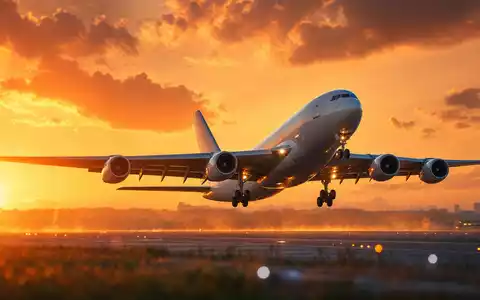 Airbus SE (NL0000235190): Weitkörper-Passagierjet beim Abheben in dramatischem Goldstundenlicht – kraftvolles Symbol europäischer Luftfahrt - Foto: THN
