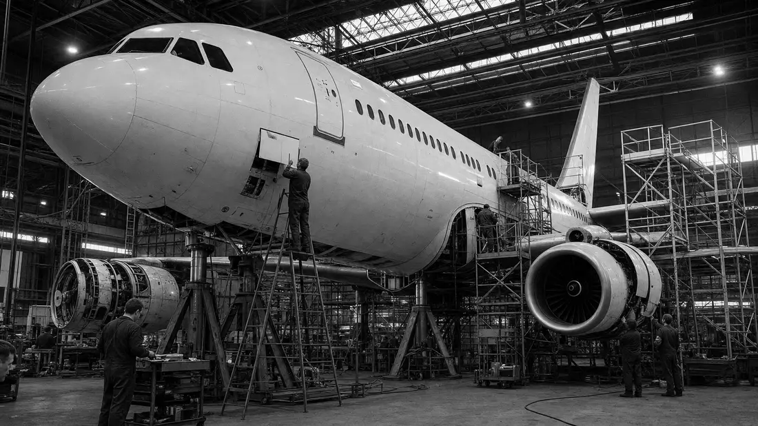 Schwarzweiß-Reportage: Techniker warten Airbus SE Flugzeug in Industriehalle