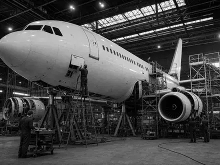 Airbus SE (ISIN NL0000235190): Schwarz-Weiß-Reportage in der Wartungshalle – Techniker arbeiten unter industriellen Lichtkegeln an einem Großraumjet - Foto: THN