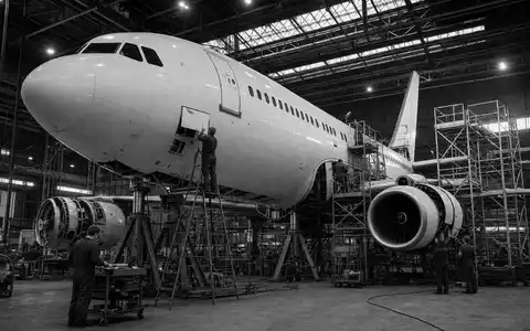 Airbus SE (ISIN NL0000235190): Schwarz-Weiß-Reportage in der Wartungshalle – Techniker arbeiten unter industriellen Lichtkegeln an einem Großraumjet. - Foto: THN