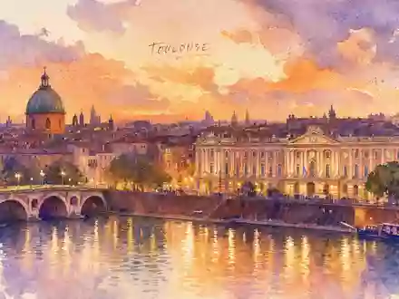 Airbus SE Heimatstadt Toulouse: Impressionistisches Aquarell der Garonne-Skyline im Abenddämmerlicht – warme Terrakotta- und Violetttöne - Foto: THN