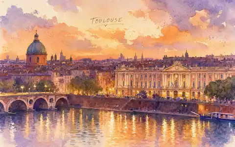 Airbus SE Heimatstadt Toulouse: Impressionistisches Aquarell der Garonne-Skyline im Abenddämmerlicht – warme Terrakotta- und Violetttöne - Foto: THN