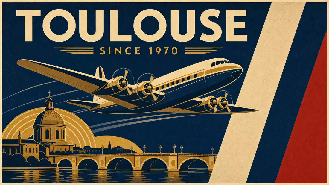 Art-Déco-Vintage-Poster mit stilisiertem Flugzeug, TOULOUSE SINCE 1970