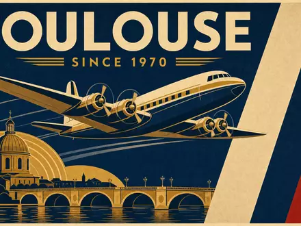 Retro-Luftfahrtposter im Bauhaus-Stil: stilisierter Flieger über Toulouse-Silhouette – Inschriften TOULOUSE und SINCE 1970 in kräftiger Geometrie - Foto: THN