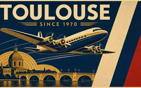Retro-Luftfahrtposter im Bauhaus-Stil: stilisierter Flieger über Toulouse-Silhouette – Inschriften TOULOUSE und SINCE 1970 in kräftiger Geometrie - Foto: THN