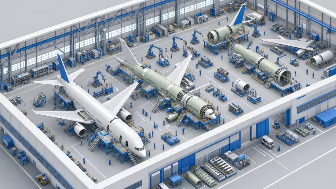 Isometrischer 3D-Render einer Airbus SE Flugzeug-Endmontagehalle