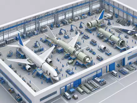Airbus SE Fertigungsprozess als isometrisches 3D-Diagramm: Endmontagehalle mit mehreren Rümpfen, Roboterarmen und winzigen Arbeiterfiguren - Foto: THN